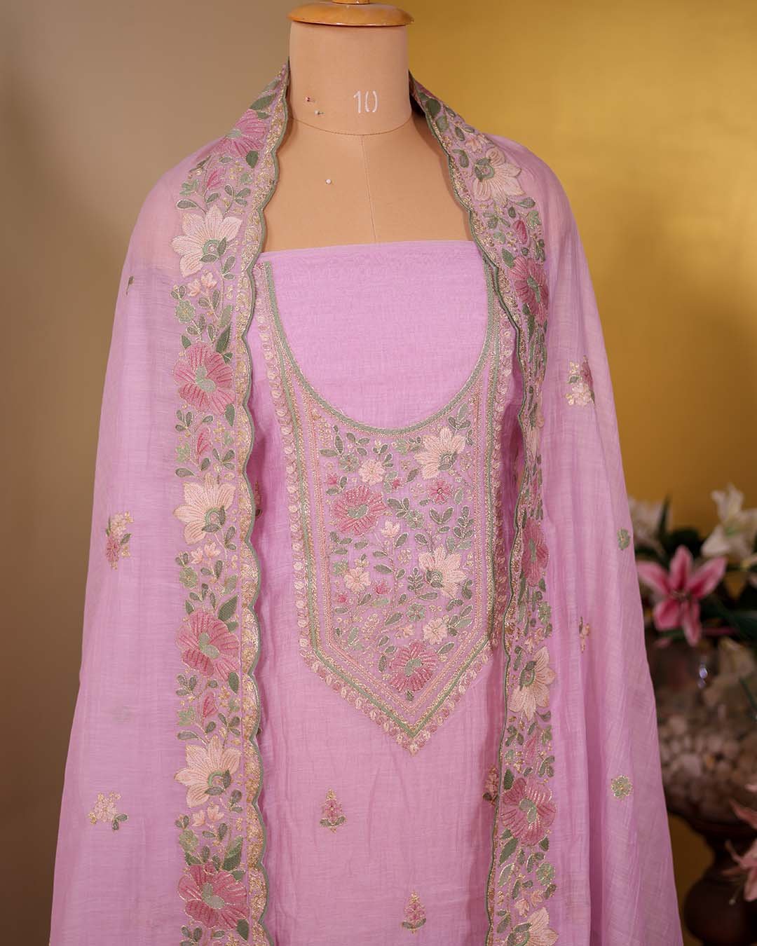 Second image of Pastel Pink Pure Mal Suit with Zari & Thread Embroidery