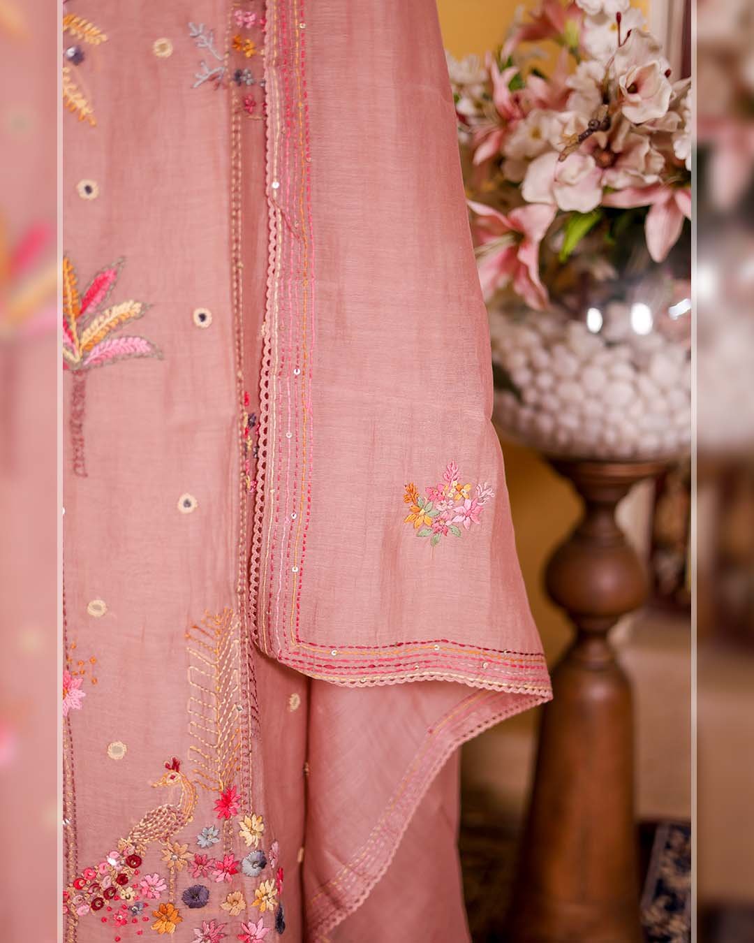 Second image of Pure Mal Floral Kantha Embroidered Suit – Rose Gold