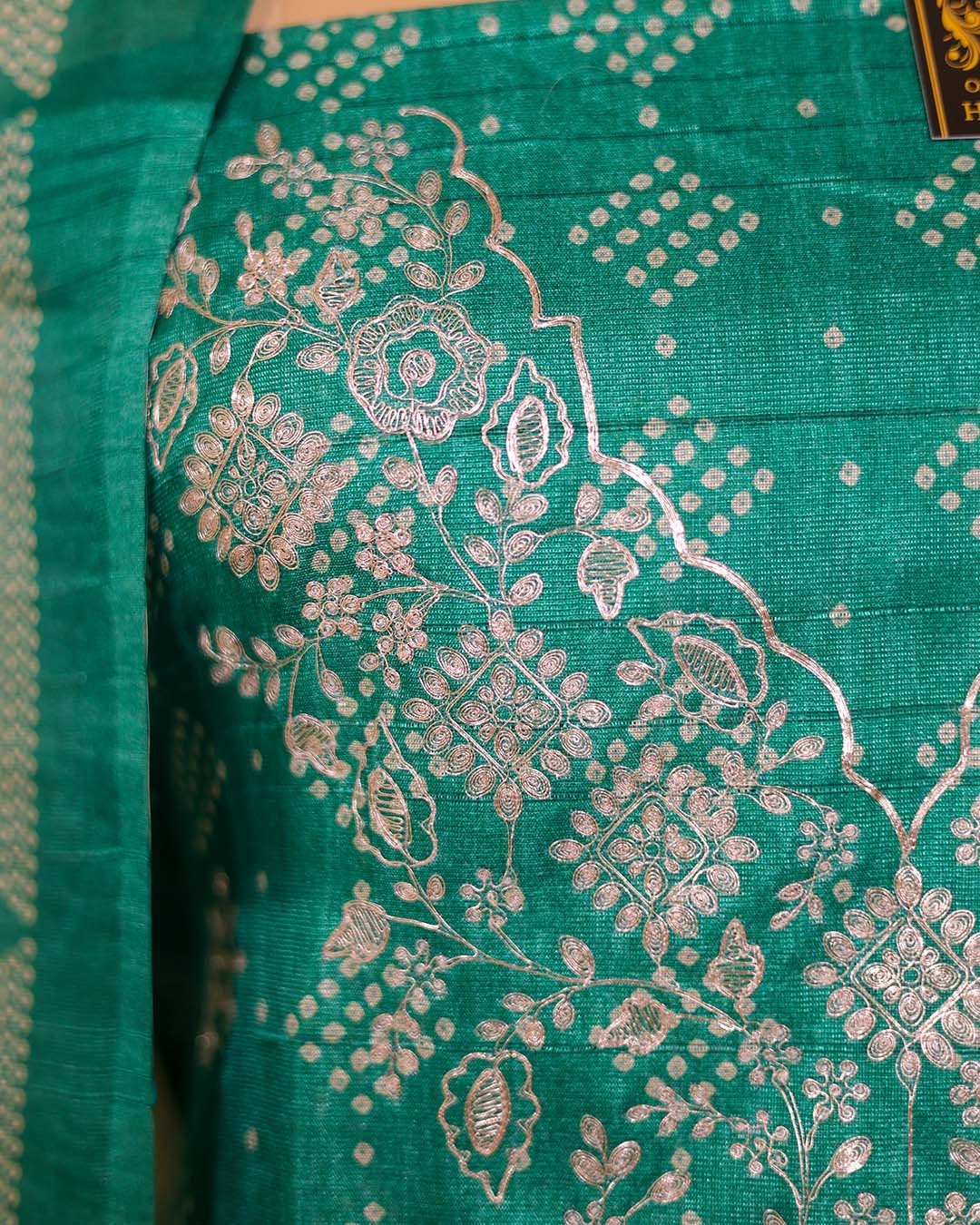 Second image of Green Silk Paisley Printed Suit with Mirrorwork