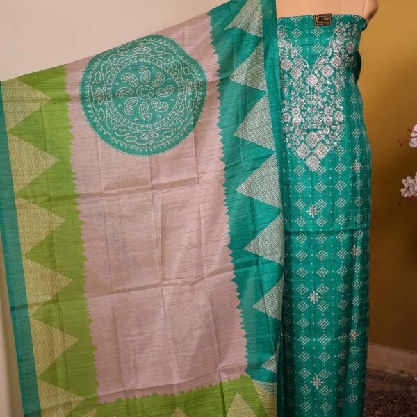 Green Silk Paisley Printed Suit with Mirrorwork