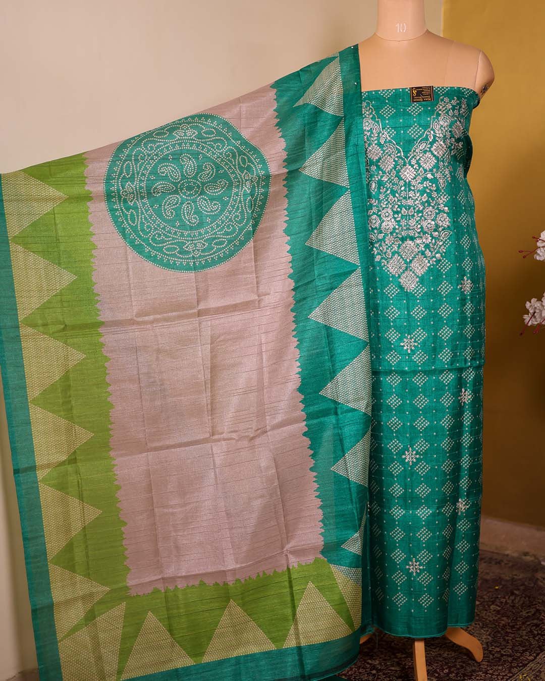 Green Silk Paisley Printed Suit with Mirrorwork