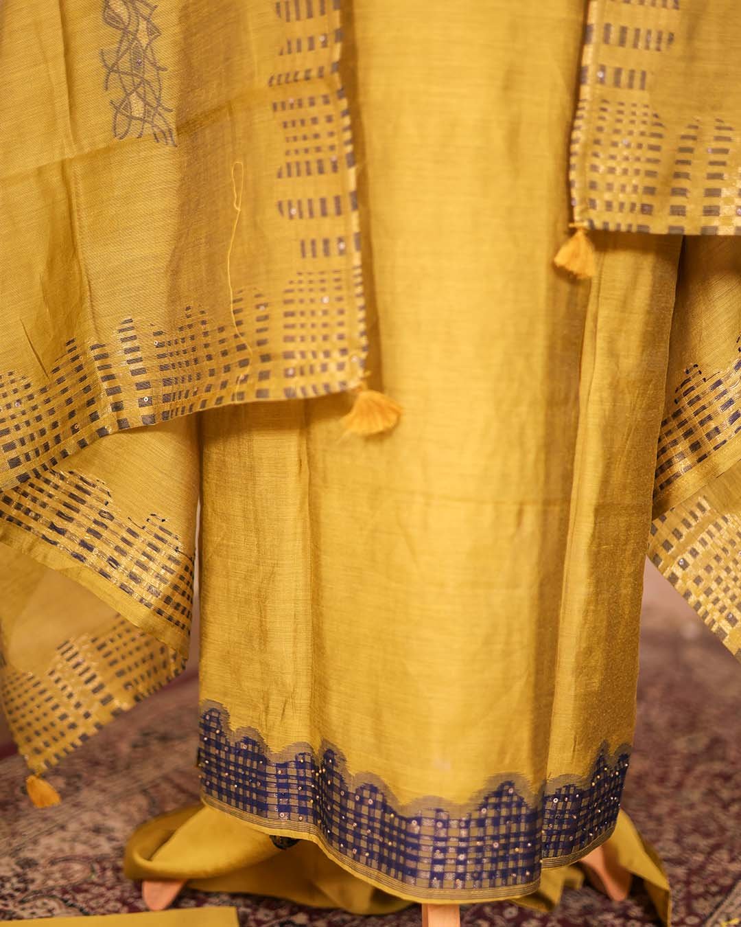 Second image of Mustard Maheshwari Silk Hand-Embroidered Suit Set