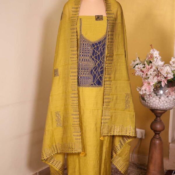 Mustard Maheshwari Silk Hand-Embroidered Suit Set
