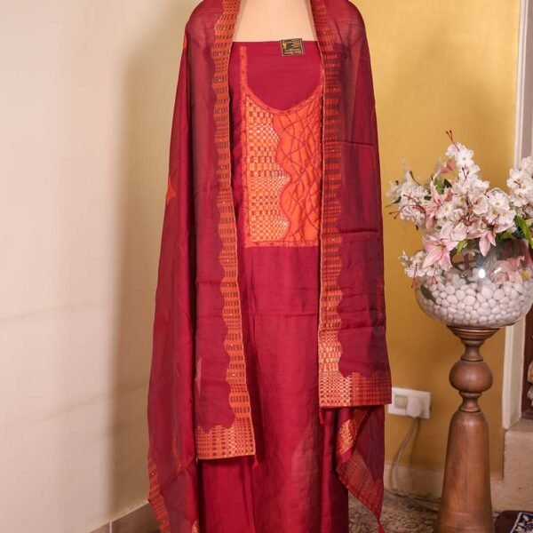 Red Maheshwari Silk Hand-Embroidered Suit Set