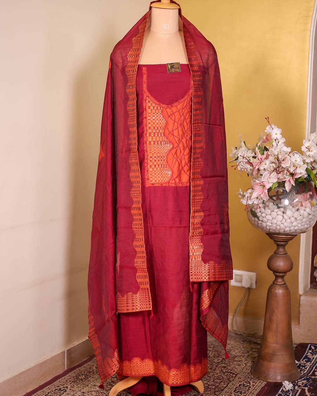 Red Maheshwari Silk Hand-Embroidered Suit Set